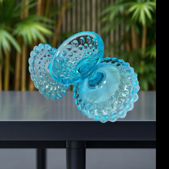 Vintage Fenton Blue Opalescent Glass Hobnail Footed Covered Candy Compote Dish